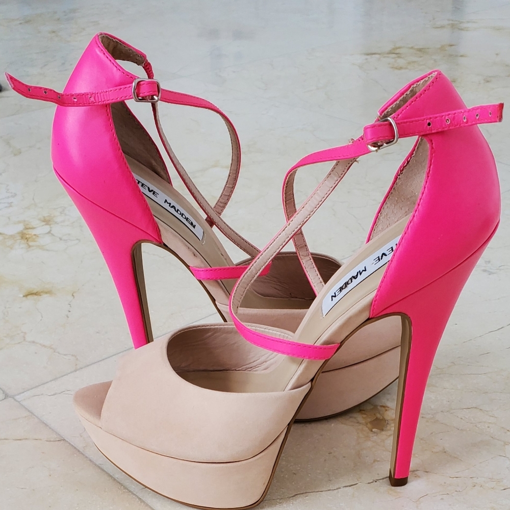 Steve Madden Hot Pink and Nude Strappy Platform Heels - Picture 11 of 11